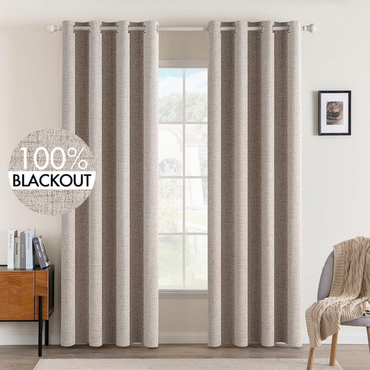MIULEE Blackout Curtains for Bedroom Linen Texture Solid Thermal Insulated Natural Khaki Grommet Room Darkening Curtains & Drapes Luxury Decor for Living Room Nursery 52 x 84 Inch (2 Panels)