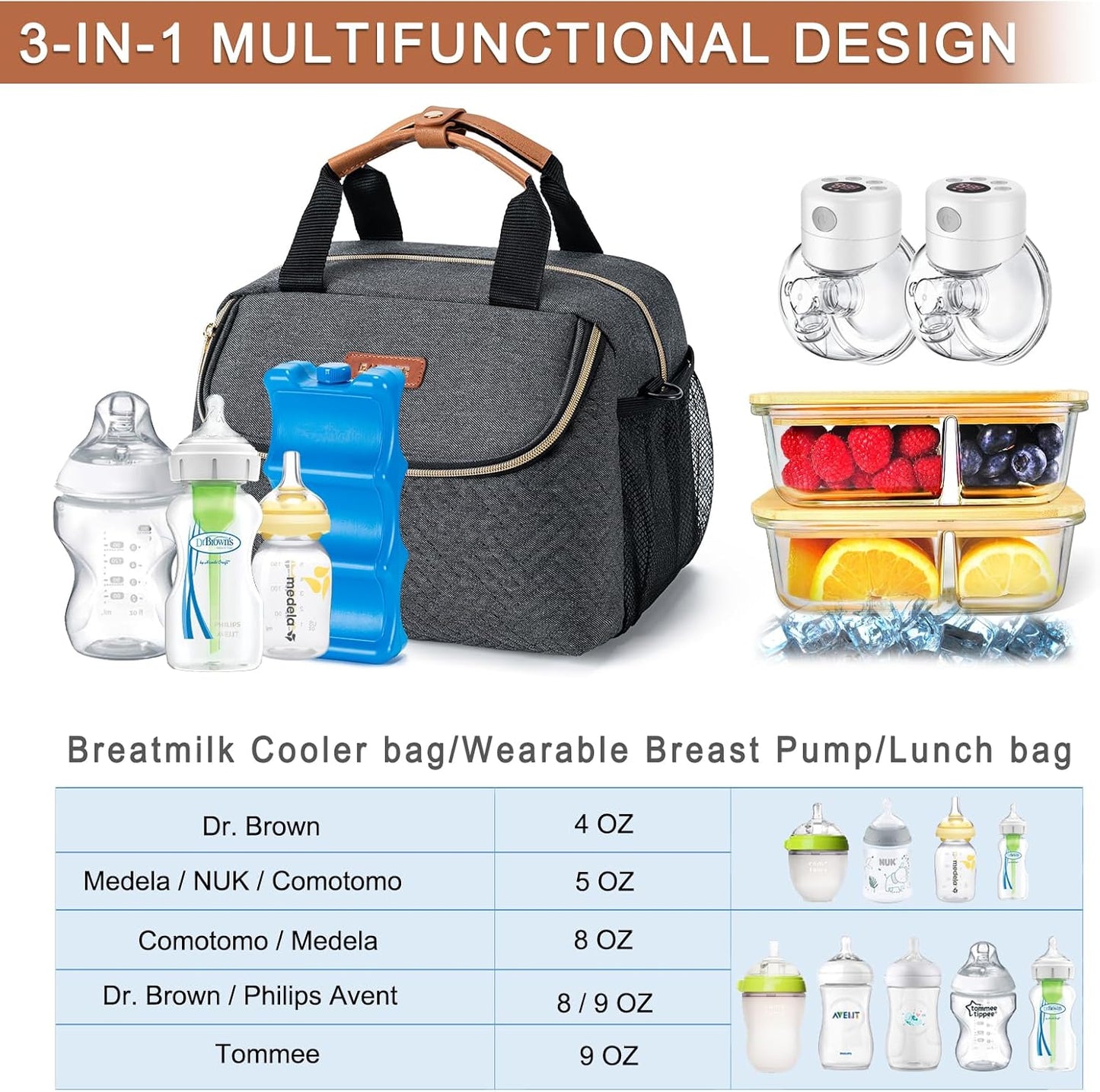 Breastmilk Cooler Bag with Ice Pack Fits 6 Baby Bottles up to 9 Ounce, Wearable Breast Pumps Cooler Bag for Nursing Mom Daycare, Work, Travel- Dark Grey