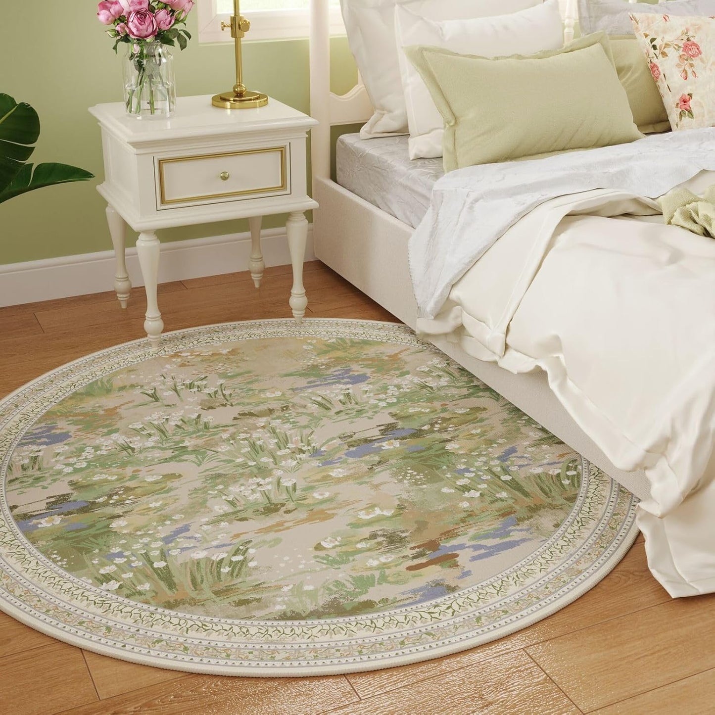 Circle Rug Impressionist-Style Vintage Round Rug 4ft Non Slip Low Pile Small Circular Rug for Bedroom Bathroom Entryway Kids Room Office College Dorm, Beige