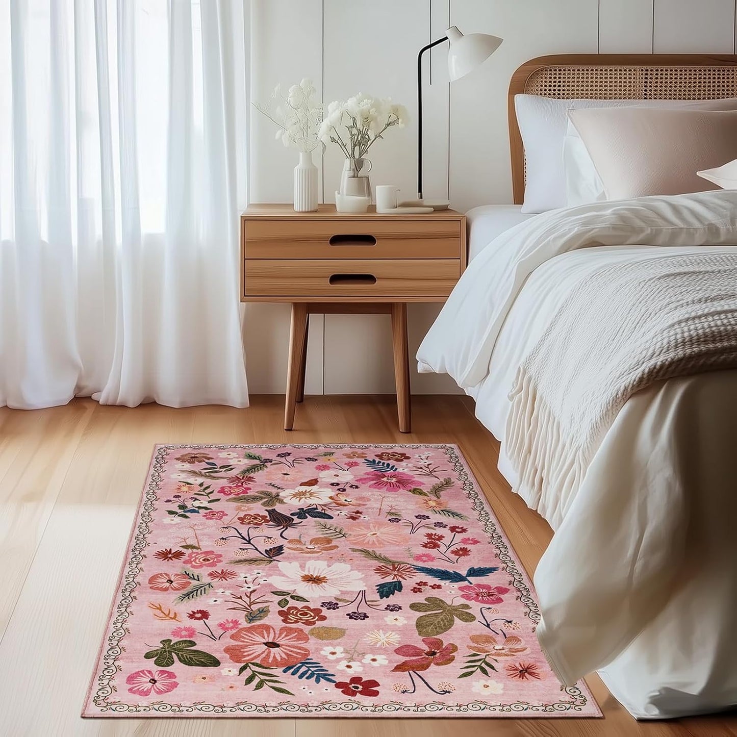 Pink Rugs for Bedroom Girls Machine Washable Area Rugs 3x5 Non Slip Low Pile Boho Floral Small Carpet for Nursery Living Room Bedroom Entryway Kids Playroom Office College Dorm Home Decor