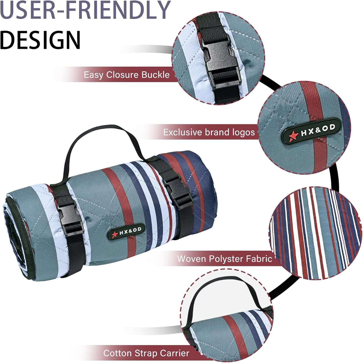 HX&OD Outdoor Picnic Blanket Extra Large, 80''*80'' Waterproof Picnic Mat with Stakes Foldable Camping Blanket Portable with Carry Strap for Beach Mat (Red, 80''*80'')