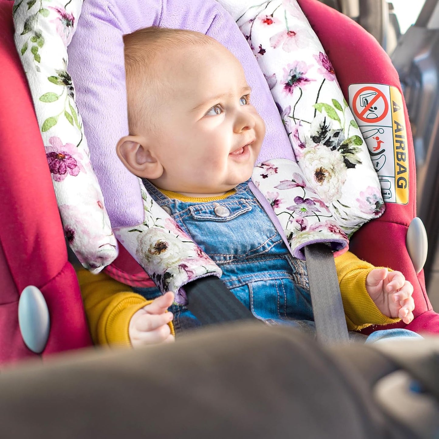 GFU Baby Car Seat Head Support for Newborn, 2 in 1 Infant Car Seat Head Body Support with Strap Pads, Soft Stroller Cushion Pillow Insert for Girls and Boys, Fits for Stroller, Swing, Purple Floral