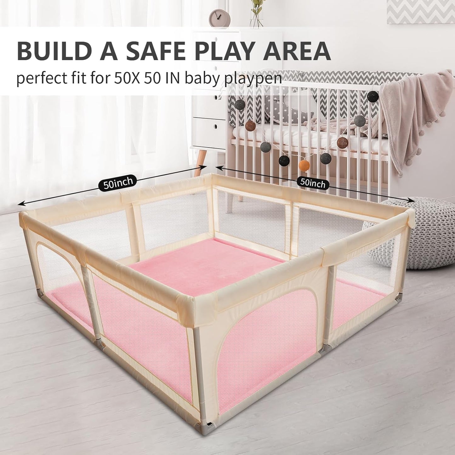 Baby Play Mat for Floor,1.3" Thick Elasti-Foam 50x50 Playpen Mat for Toddlers Infant Kids,Water-Repellent Soft Coral Velvet Tummy Time Mat,Non Slip Crawling Mat,Tatami Mat(Pink)