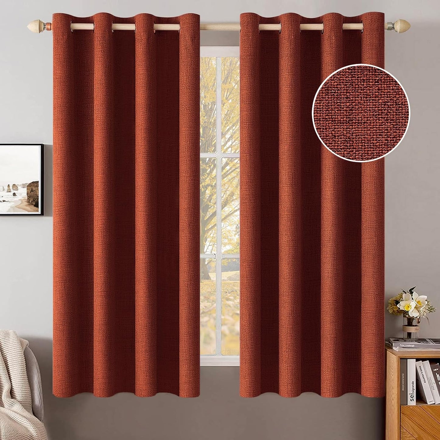 MIULEE Linen Curtains for Bedroom 100% Blackout Thermal Insulated Burnt Orange Grommet Room Darkening Curtains & Drapes Rust Terracotta Fall Decor for Living Room Nursery 52 x 54 Inch (2 Panels)