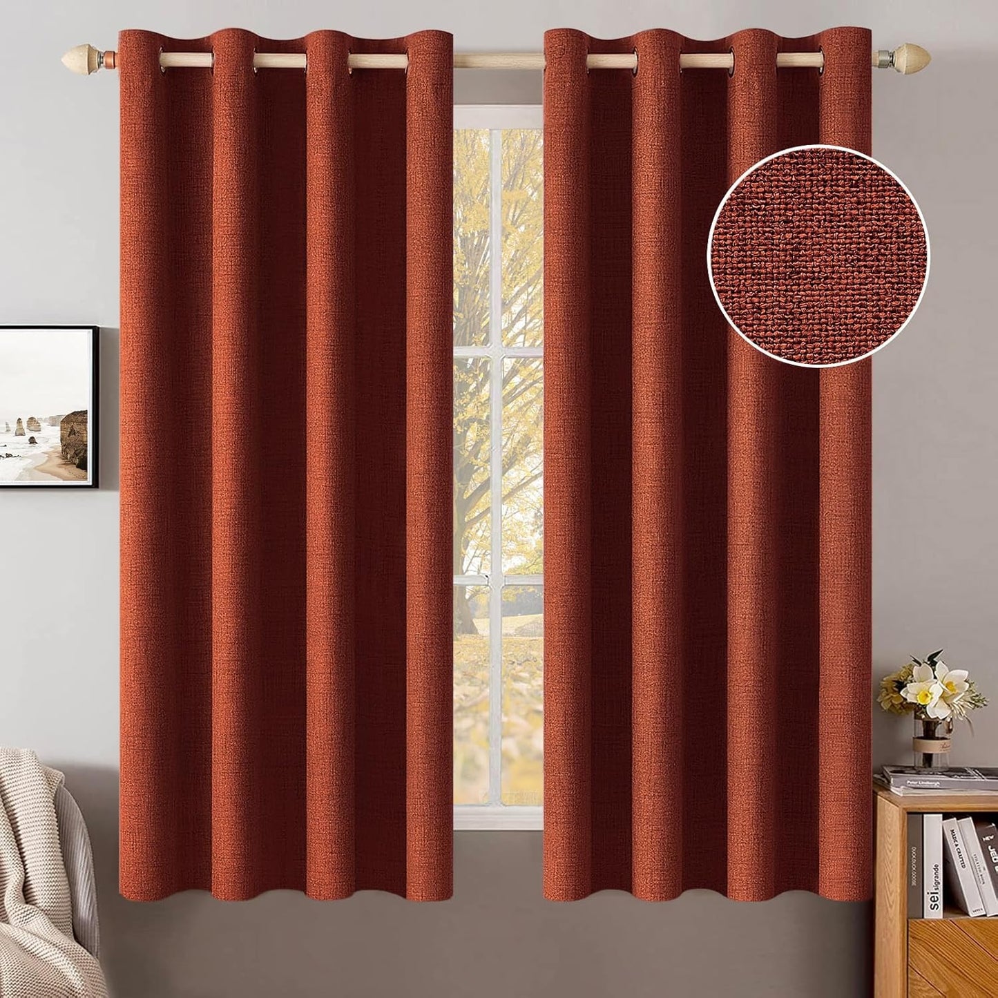 MIULEE Linen Curtains for Bedroom 100% Blackout Thermal Insulated Burnt Orange Grommet Room Darkening Curtains & Drapes Rust Terracotta Fall Decor for Living Room Nursery 52 x 45 Inch (2 Panels)