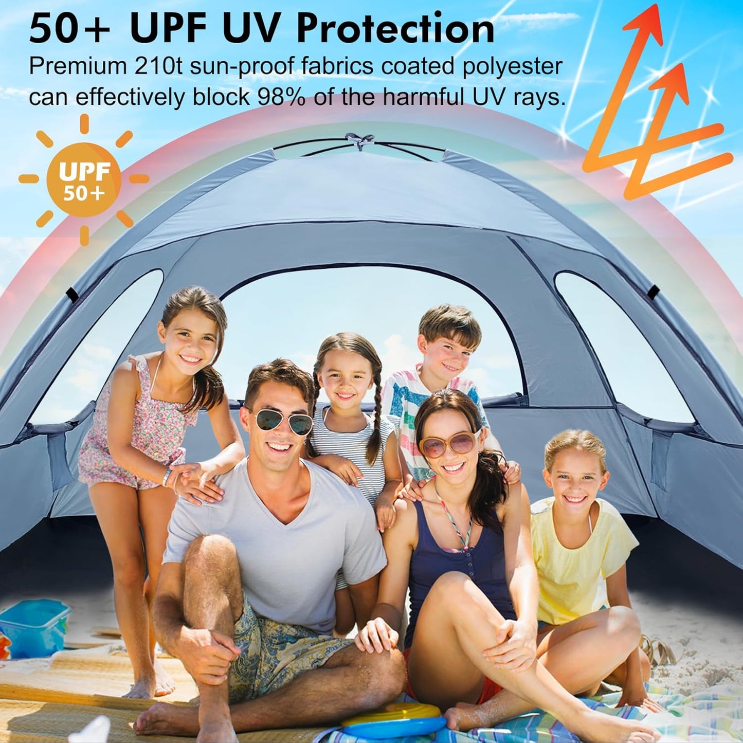 WhiteFang Beach Tent Anti-UV Portable Sun Shade Shelter for 3/4/6/8 Person, Extendable Floor with 3 Ventilating Mesh Windows Plus Carrying Bag, Stakes and Guy Lines