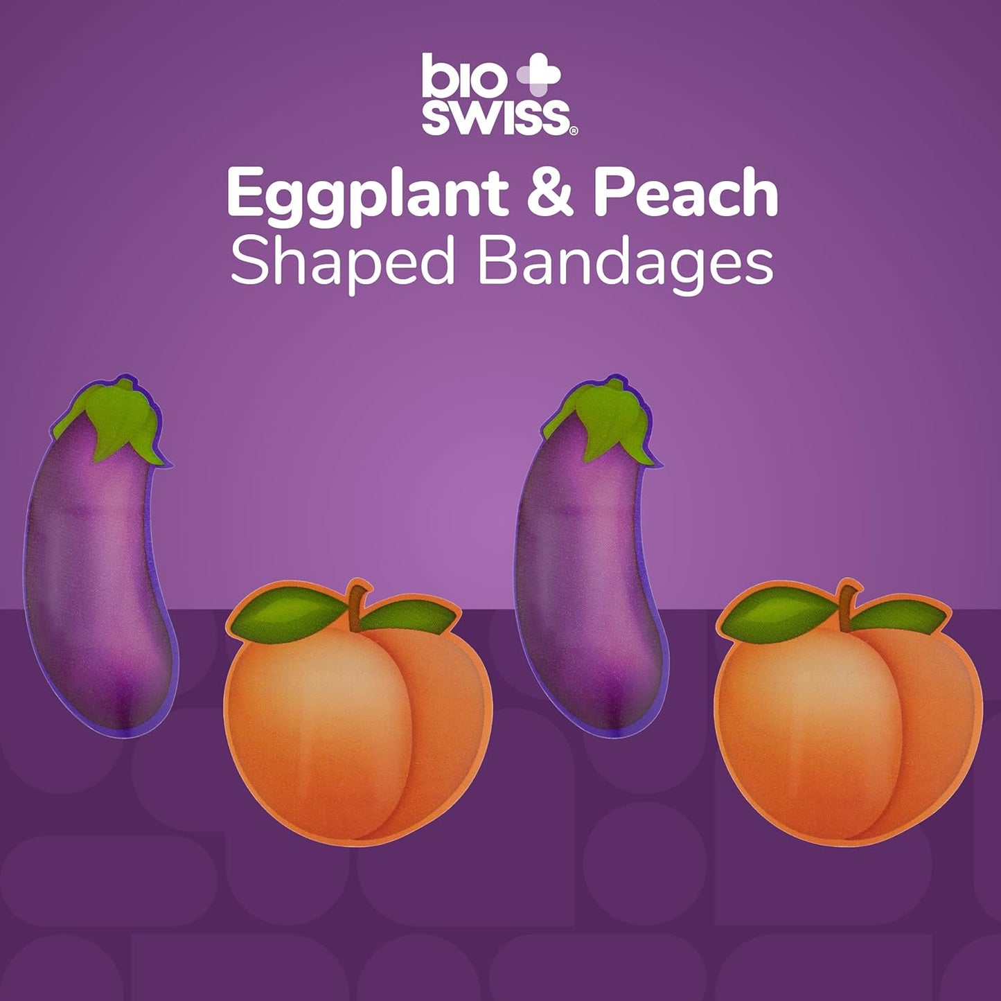 BioSwiss Bandages, Eggplant and Peach Shaped Adult Self Adhesive Bandage, Latex Free Sterile Wound Care, Funny First Aid Kit Supplies for Adults, 50 Count