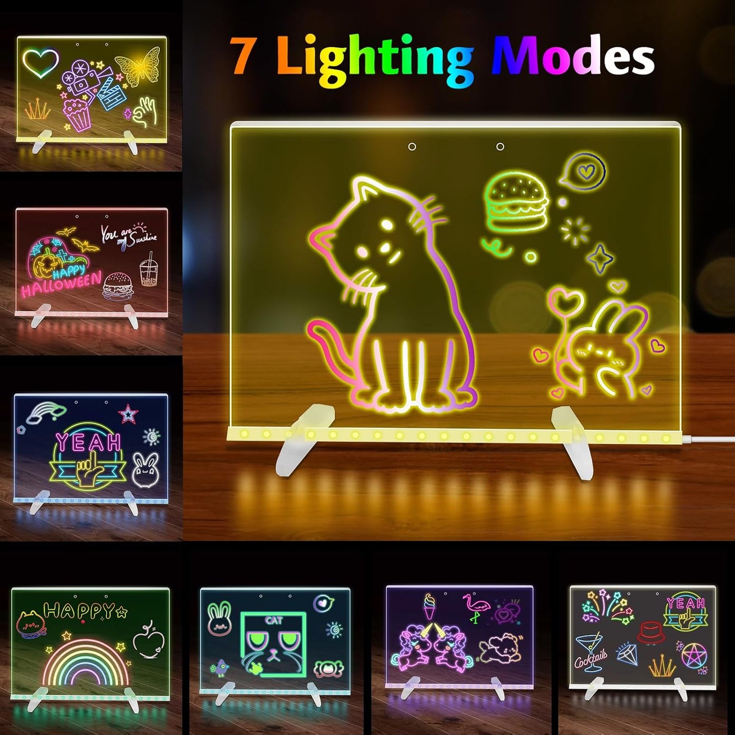LED Note Board with Colors, 13.8"X10" 4 Modes & 7 Colors Led Acrylic Message Board with Light, Light up Acrylic Dry Erase Board, Led Drawing Board with Stand, Hanging Chain, 7 Markers, Spray Bottle