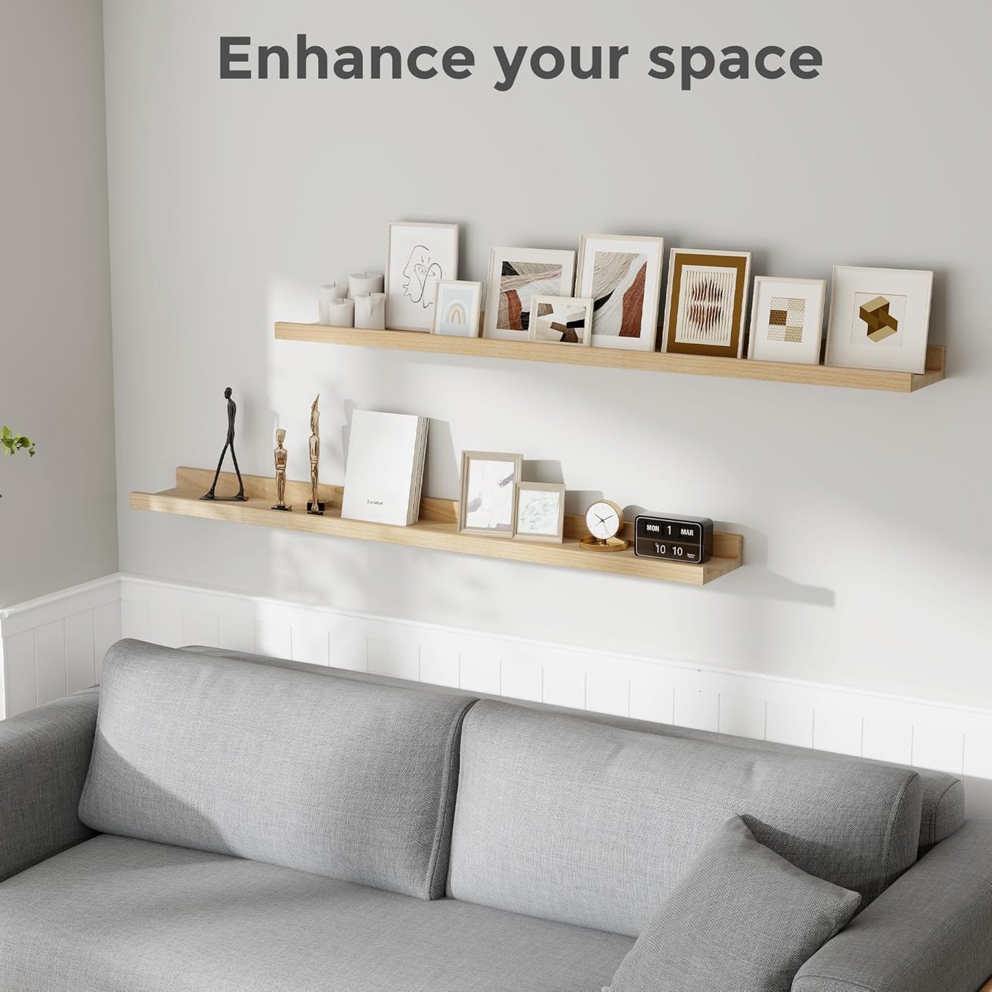 Picture Ledge Shelf, Floating Shelves Set of 2, 48 Inches Long Large Nursery Book Shelves for Toys Storage, Kids Bookshelf Wall Mounted for Living Room Bedroom Decor Books Photo Frames, Natural