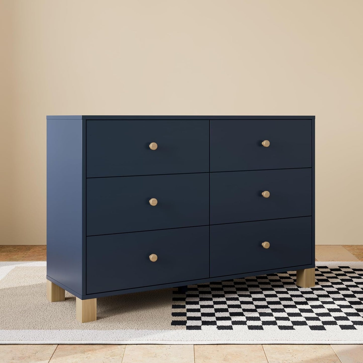 Storkcraft California 6 Drawer Double Dresser (Midnight Blue with Driftwood) – GREENGUARD Gold Certified, Spacious Storage Organizer for Kids’ Room, Safety Interlocking Drawer System
