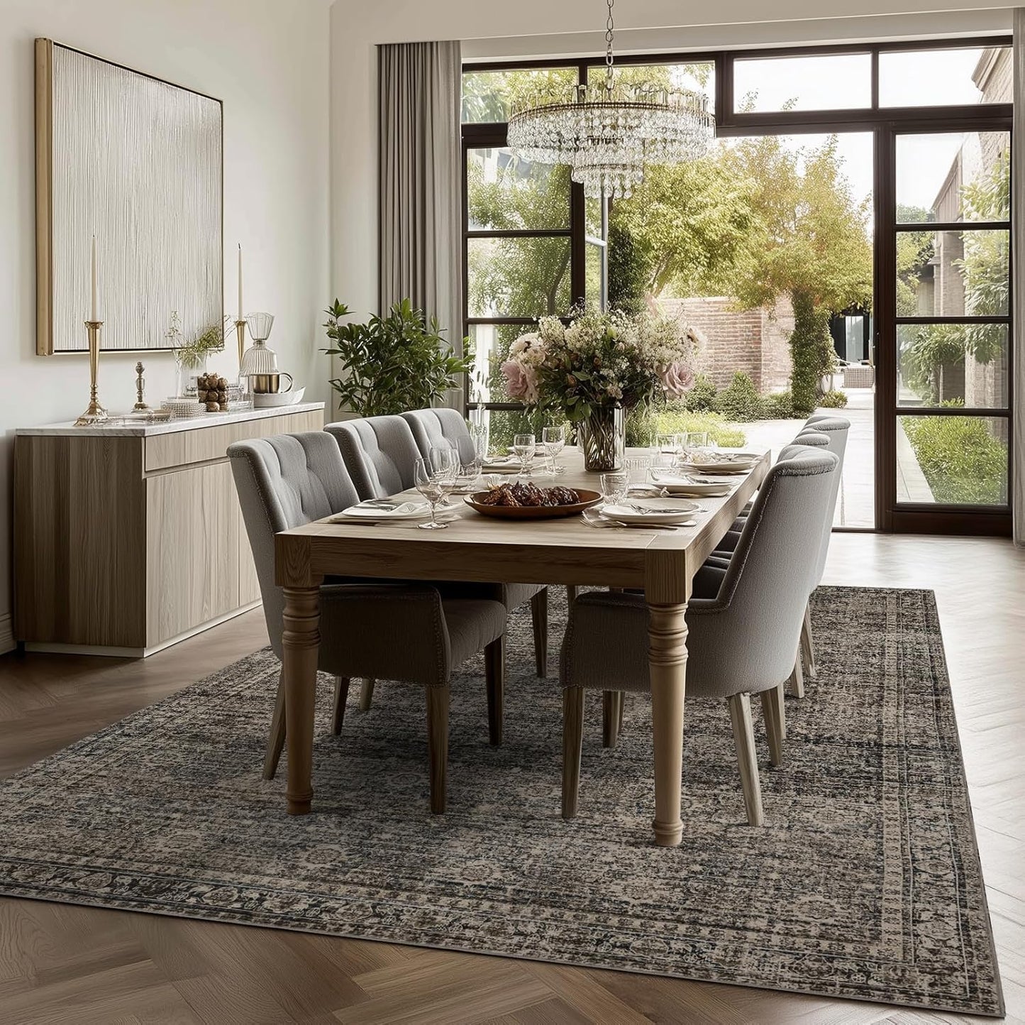 Washable Area Rugs 8x10, Large Rugs for Living Room, Carpet for Bedroom, Soft Faux Wool Retro Dining Room Rug, Non-Slip Backing Resistant Low Pile Vintage Print Rug for Home Office (Brown)