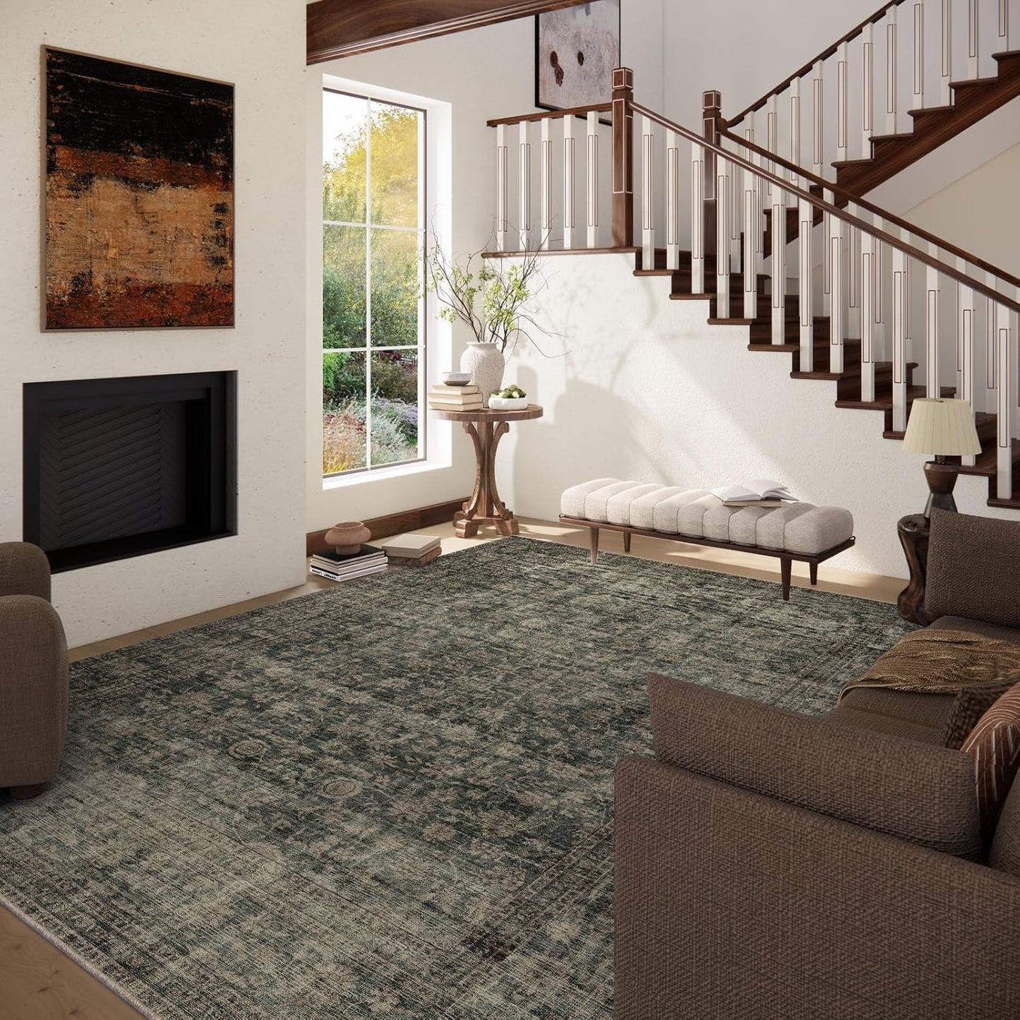 Washable Living Room Area Rug: 8x10 Rugs for Bedroom Vintage Stain Resistant Non Slip Low Pile Lightweight Boho Carpet for Kitchen Dining Room Farmhouse Kids Room Nursery