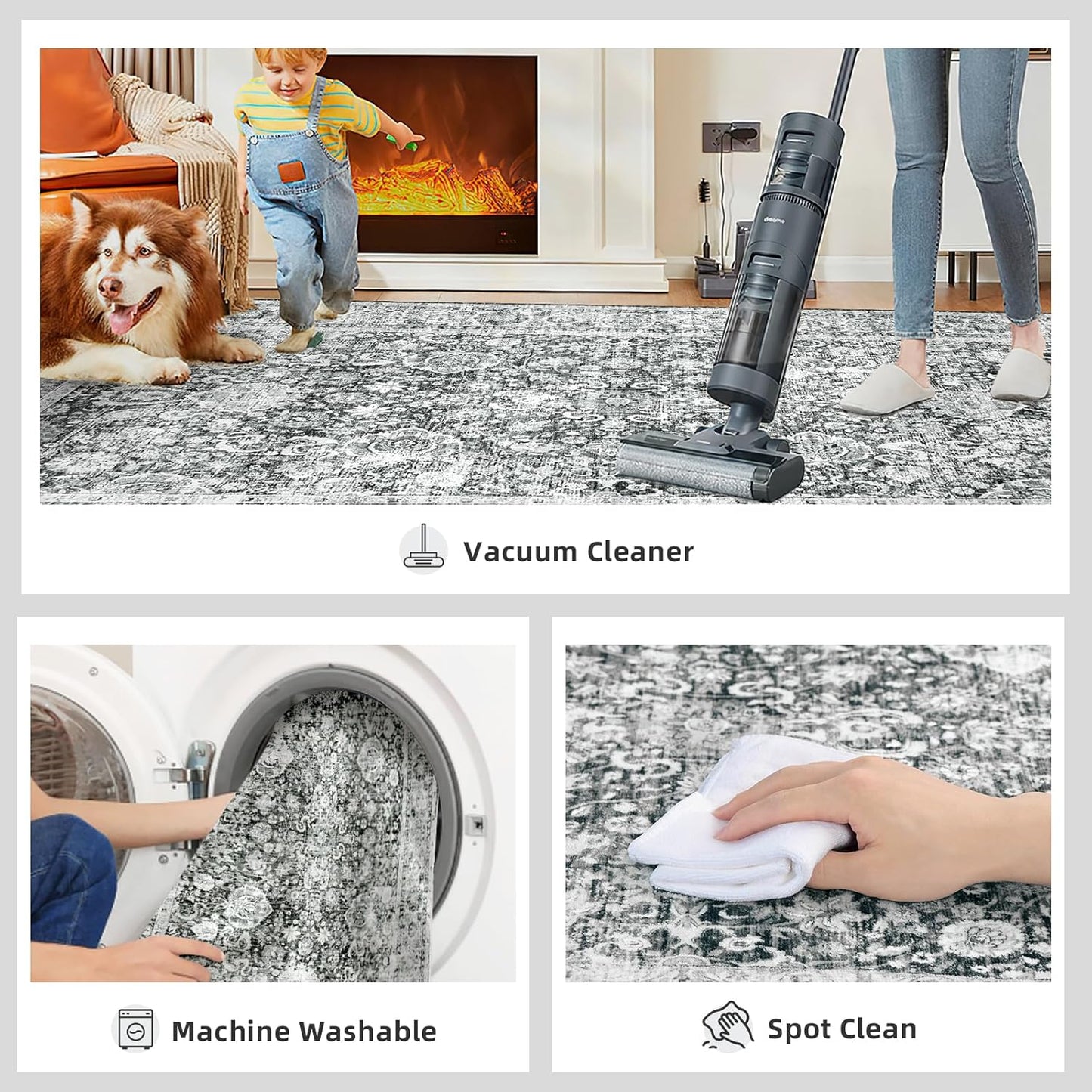 Deerly Rug Runner 2x6 Ft Washable Carpet Runner Runner Non-Slip Grey Runner Rugs with Rubber Backing Low-Pile Ultra-Soft Distressed Rug for Kitchen Bedroom(Grey)