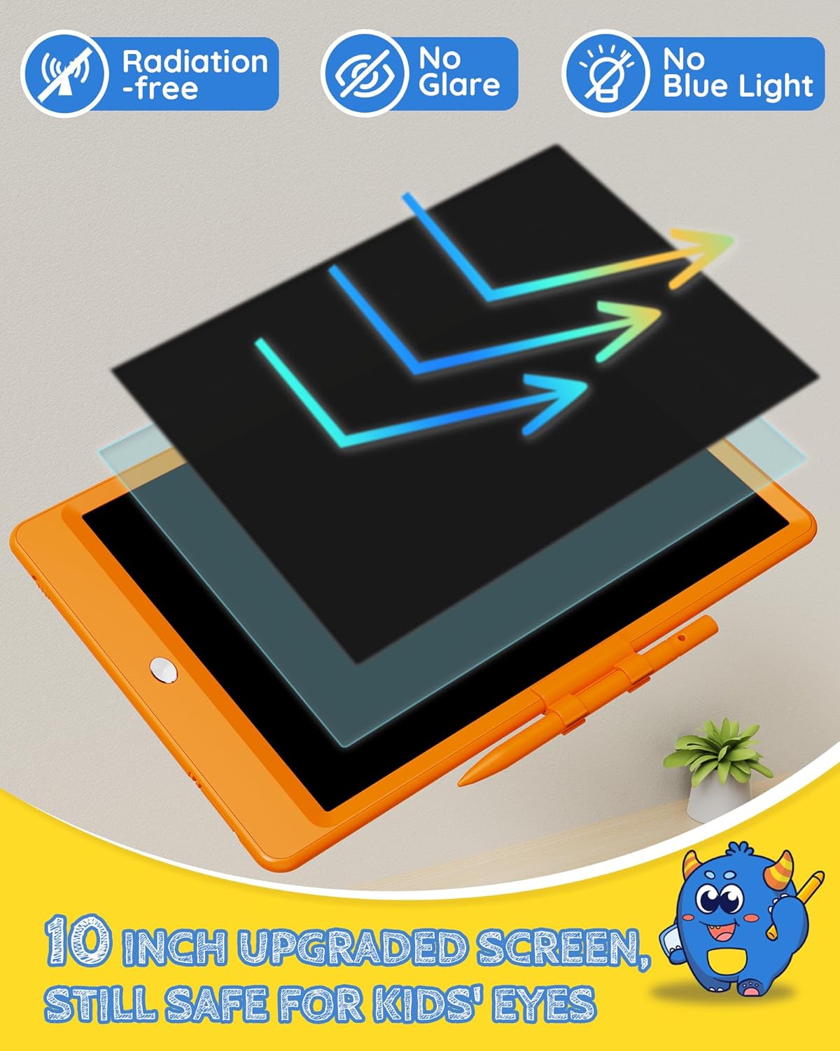 TEKFUN Toys for Girls Boys 10IN LCD Writing Tablet, Magic Doodle Board with Anti-Lost Stylus, Mess Free Coloring for Toddlers Drawing Pad, Toddler Travel Car Plane Trip Toys Gifts (Orange)