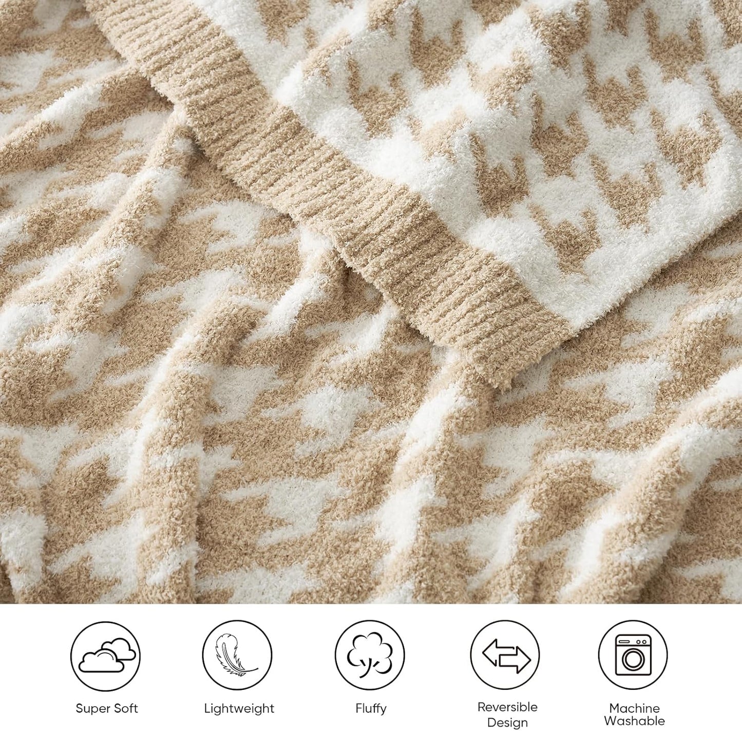 Snuggle Sac Throw Blanket for Couch, Reversible Super Soft Warm Blankets Cozy Knit Fuzzy Plush Lightweight Throws for Sofa, Bed, Camping,Houndstooth Beige,50x60 inches