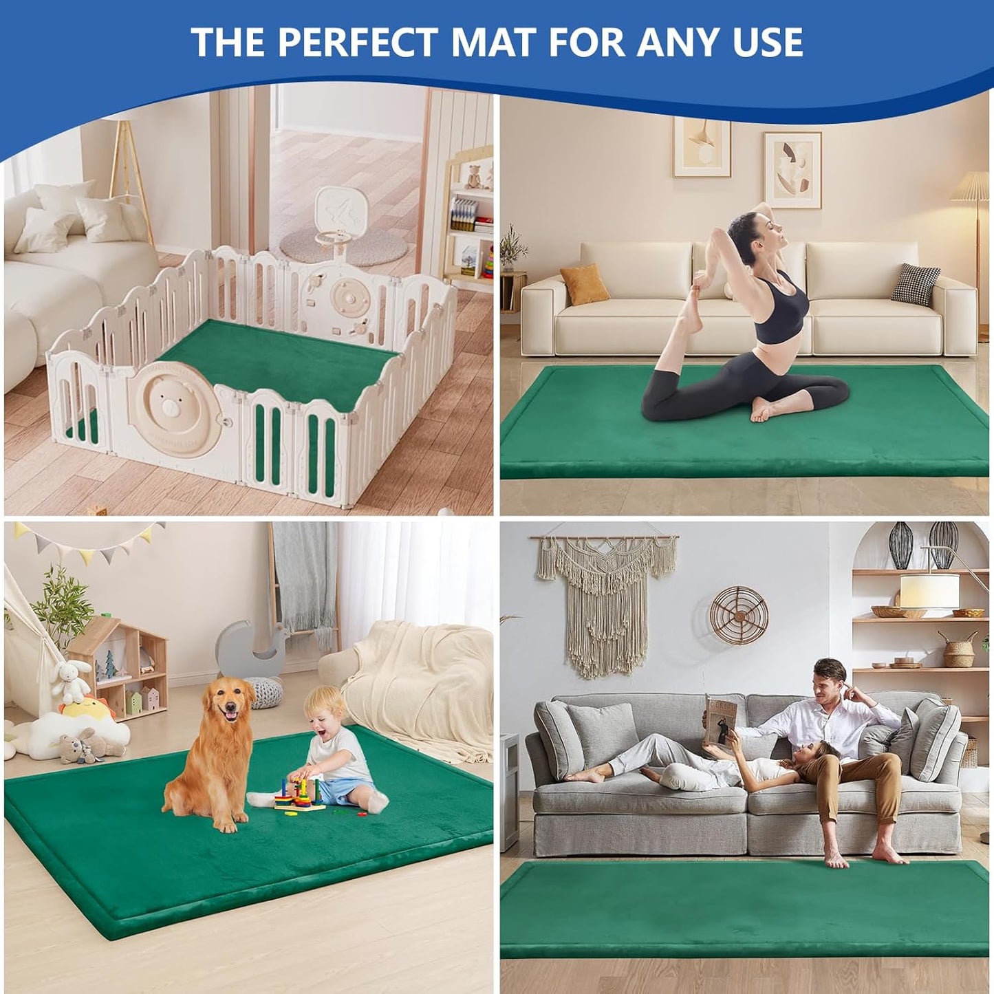Baby Play Mat for Floor,1.3" Thick Memory foam Tummy Time Mat for Toddlers,Infants,kids,Water-Repellent Soft Nursery Rug ,71"×79" Extra Large Non Slip for Crawling&Yoga,Tatami Style for Living Room(Dark Green)