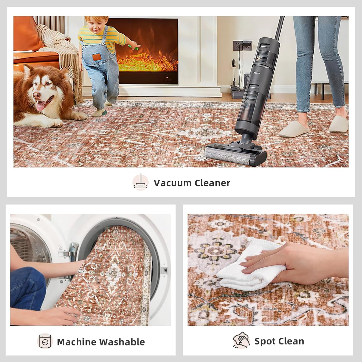 Deerly Washable Rug Small 2x3 Area Rug for Entryway Indoor Kitchen - Soft Rugs Low Pile Non-Slip Rubber Backing Oriental Indoor Area Rug (Border Brick Red ), 2'x3'