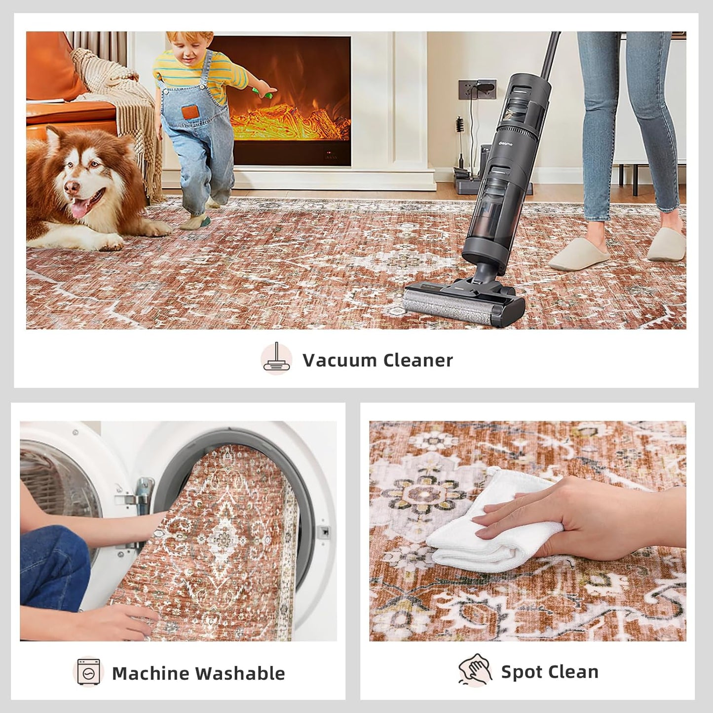 Deerly Rug Runner - Boho 3x8 Washable Kitchen Rug Runner with Non-Slip Backing, Non-Shedding Floral Soft Runners for Hallways Distressed Carpet Runner Rugs for Bedroom Brick Red