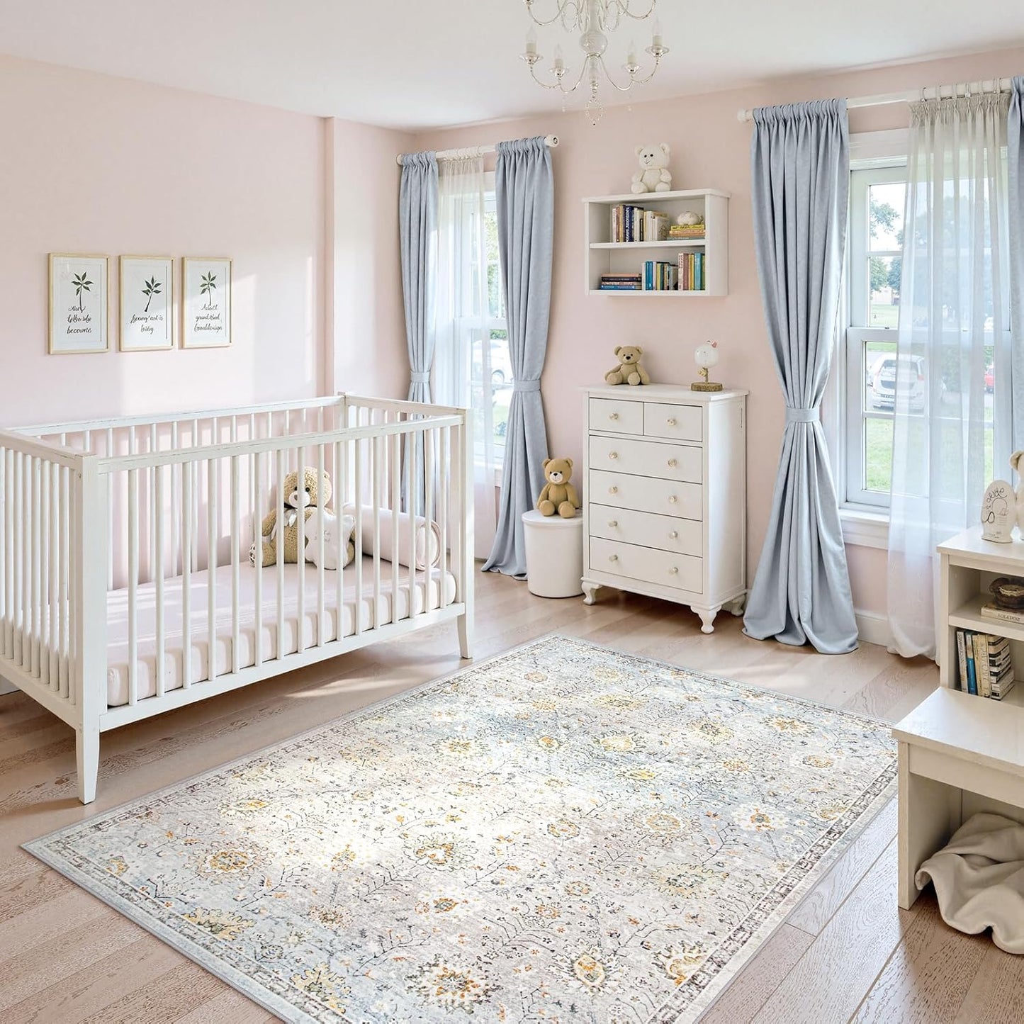 Lahome Boho Light Blue Area Rug 5x7 for Living Room, Soft Large Floral Rug for Bedroom Aesthetic, Machine Washable Floor Carpet Non Slip Indoor for Home Decor