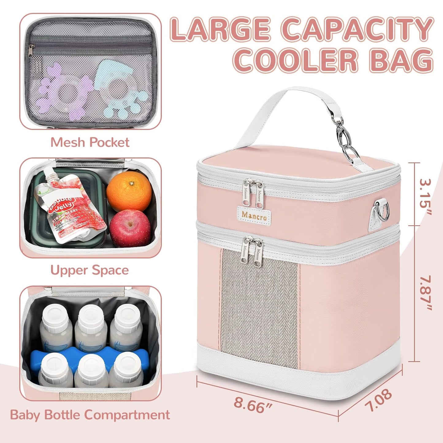 Mancro Breast Milk Cooler Travel Bag with Ice Pack, Double Layer Baby Bottle Cooler Bag Fits 6 Bottles Up to 9 Ounces,Insulated Bottle Bags for Daycare & Travel,Pink