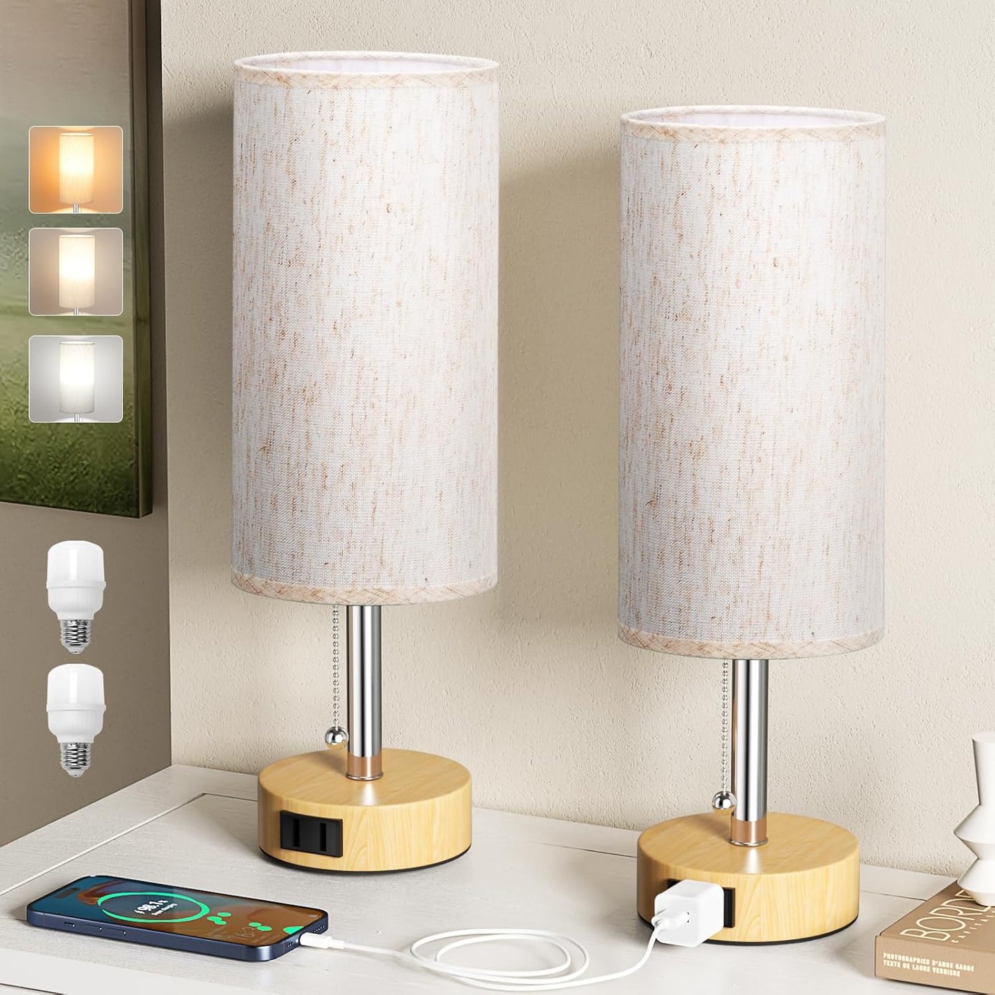 Wood Grain Bedside Table Lamps Set of 2-3 Color Temperatures Pull Chain Lamp with AC Outlet Charging Port, Round Night Stand Lamps for Bedroom Office, Small Bed Light with E26 LED Bulbs