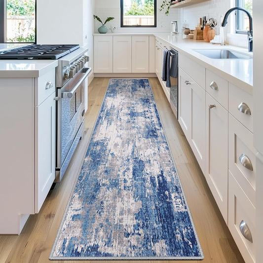 Washable Area Rugs 2'x8' Non-Slip Modern Abstract Soft for Living Room Entryway Bedroom Nursery, Print Pattern, Blue Grey Navy Gray