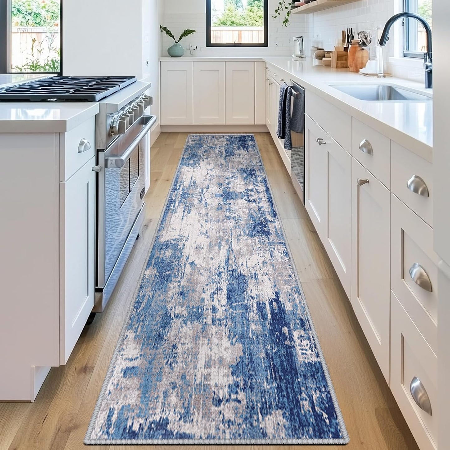 Washable Area Rugs 2'x10' Non-Slip Modern Abstract Soft for Living Room Entryway Bedroom Nursery, Print Pattern, Blue Grey Navy Gray