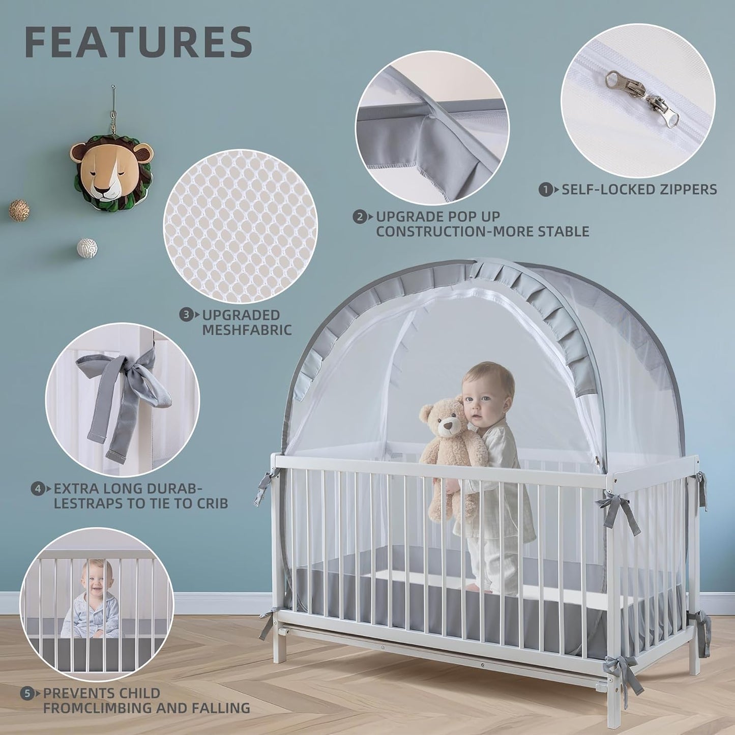 Lazyzzzz Baby Crib Tent - Pop Up Crib Canopy with Double Zipper Self-Locked,1200 Holes/Inch Mesh Crib Net to Keep Baby from Climbing Out, Portable Easy Install 55" L x 27" W x 51" H Grey