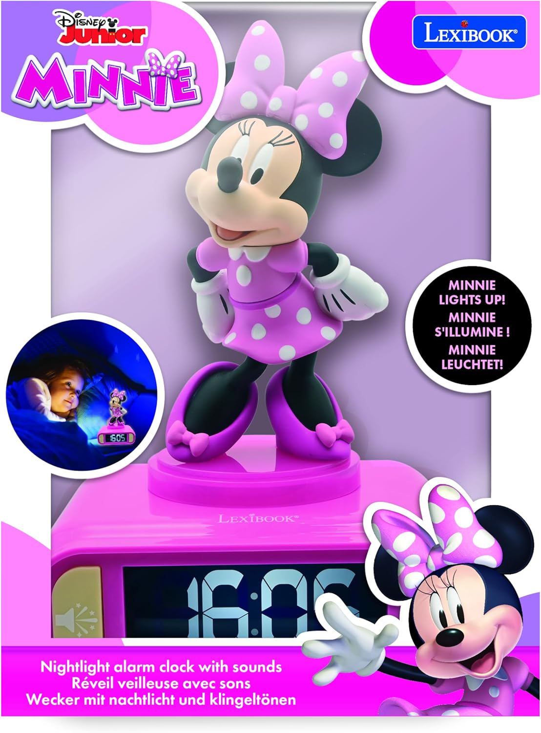 LEXiBOOK, Disney Minnie, Minnie Nightlight Alarm Clock, Sounds and Melodies, LCD Backlit Screen, Luminous, Snooze, Pink, RL800MN