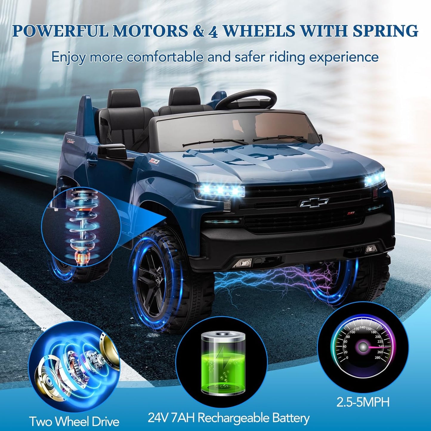 Hetoy 24V 2-Seater Truck Licensed Chevrolet Silverado Ride On Car Toy w/Parent Remote Control,4xSpring Suspension, 3 Speeds, Wireless Music, MP3 Player, Electric Vehicle Car for Kids, Blue