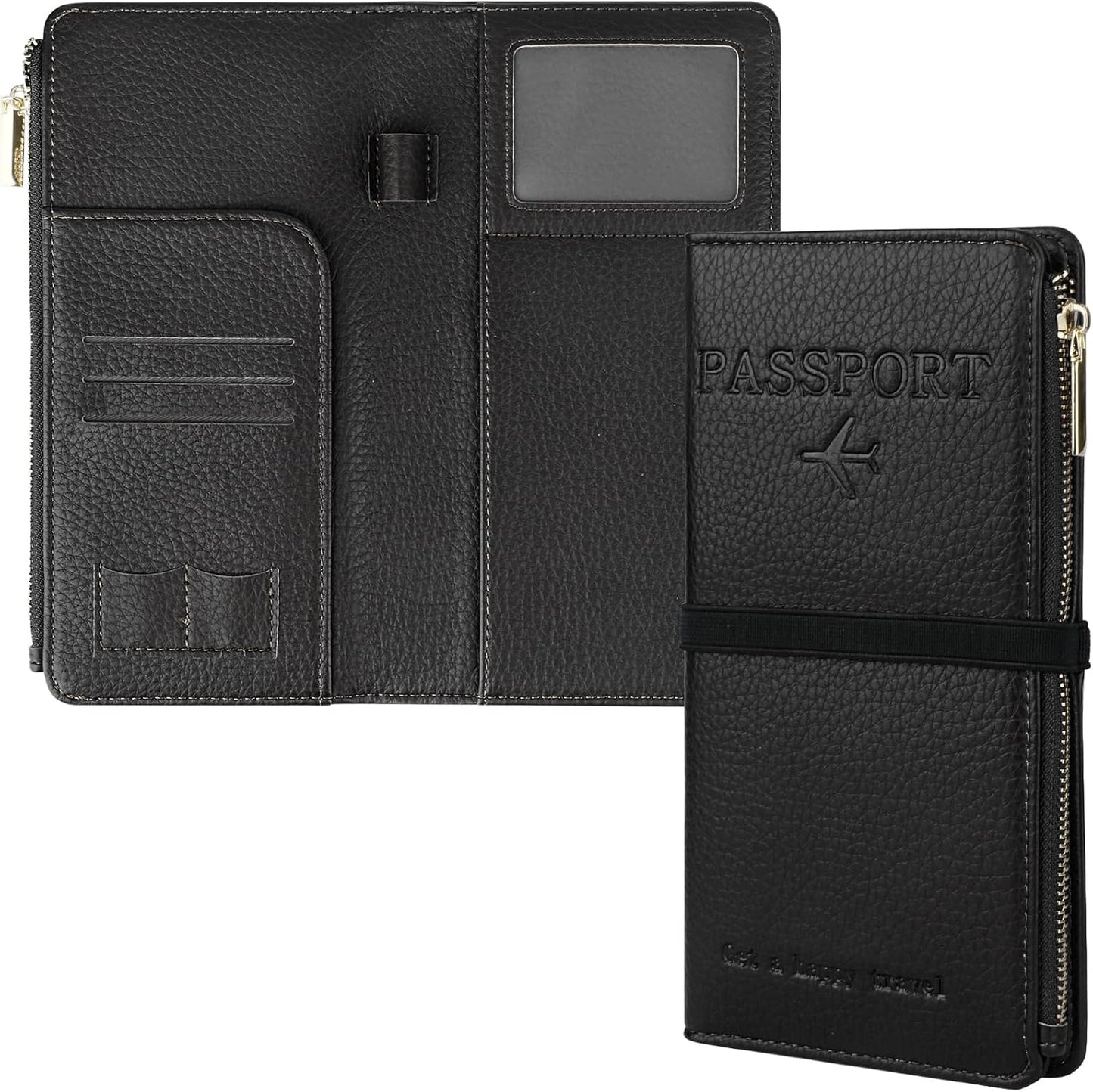 Travel Passport Wallet, RFID Blocking Passport Holder with Zipper, Passport Cover for Women Men, PU Leather Travel Document Organizer with Card Slots, Gift for Family Friends, Black