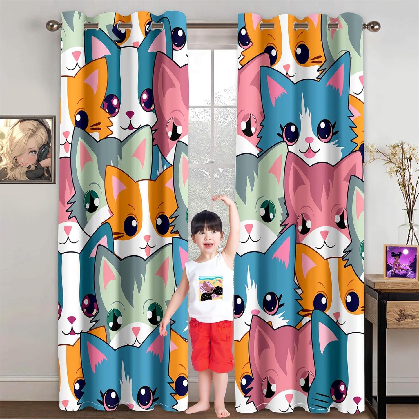 Cat Curtain Panels for Girls - 2Pcs Cat Blackout Curtains for Girls Bedroom, 84W x 84L