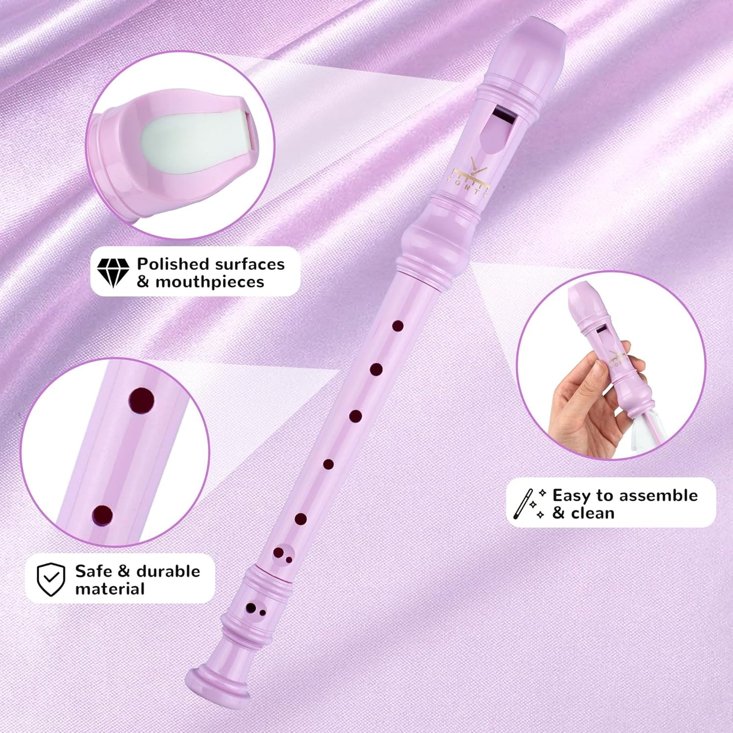 Soprano Recorder 8-Hole Instrument for Beginners Kids Students, Baroque Style C Key Flute with Cleaning Rod & acking Bag for Education & Entertainment - Amethyst