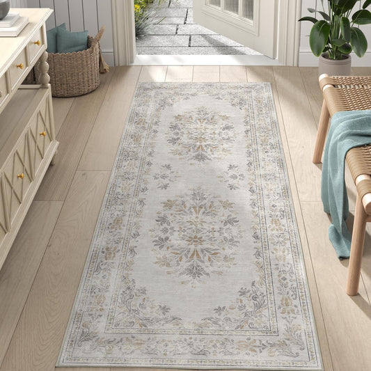 jinchan Vintage Floral Runner Rug 2x6 - Machine Washable Distressed Design Non-Slip Low-Pile Soft Thin Carpet for Hallway Kitchen Farmhouse Bedroom Entryway Laundry Room (2x6ft,Light Grey)