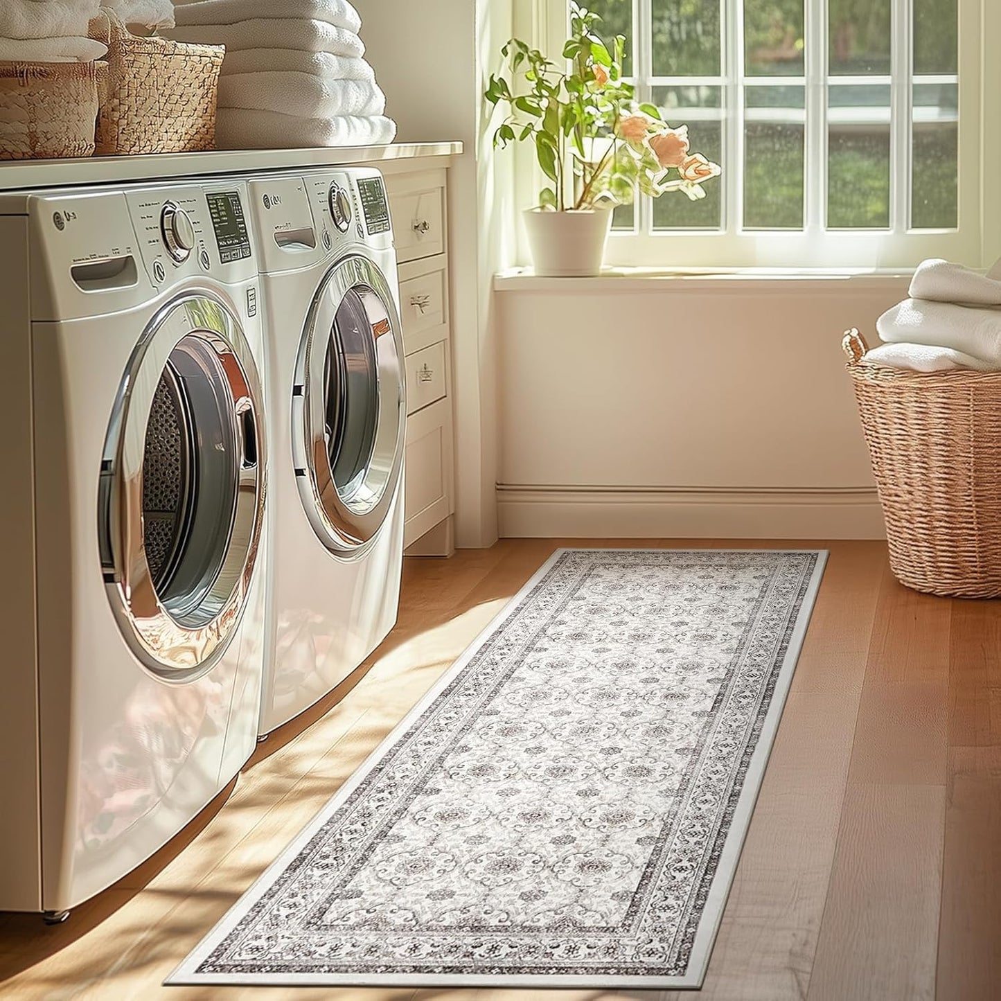 jinchan Hallway Runner Rug 2x10 - Machine Washable Beige Vintage Floral Distressed Design Soft Non-Slip Low-Pile Ultra-Thin Runner Rug for Kitchen Laundry Room Bedroom Farmhouse (2‘x10',Beige)