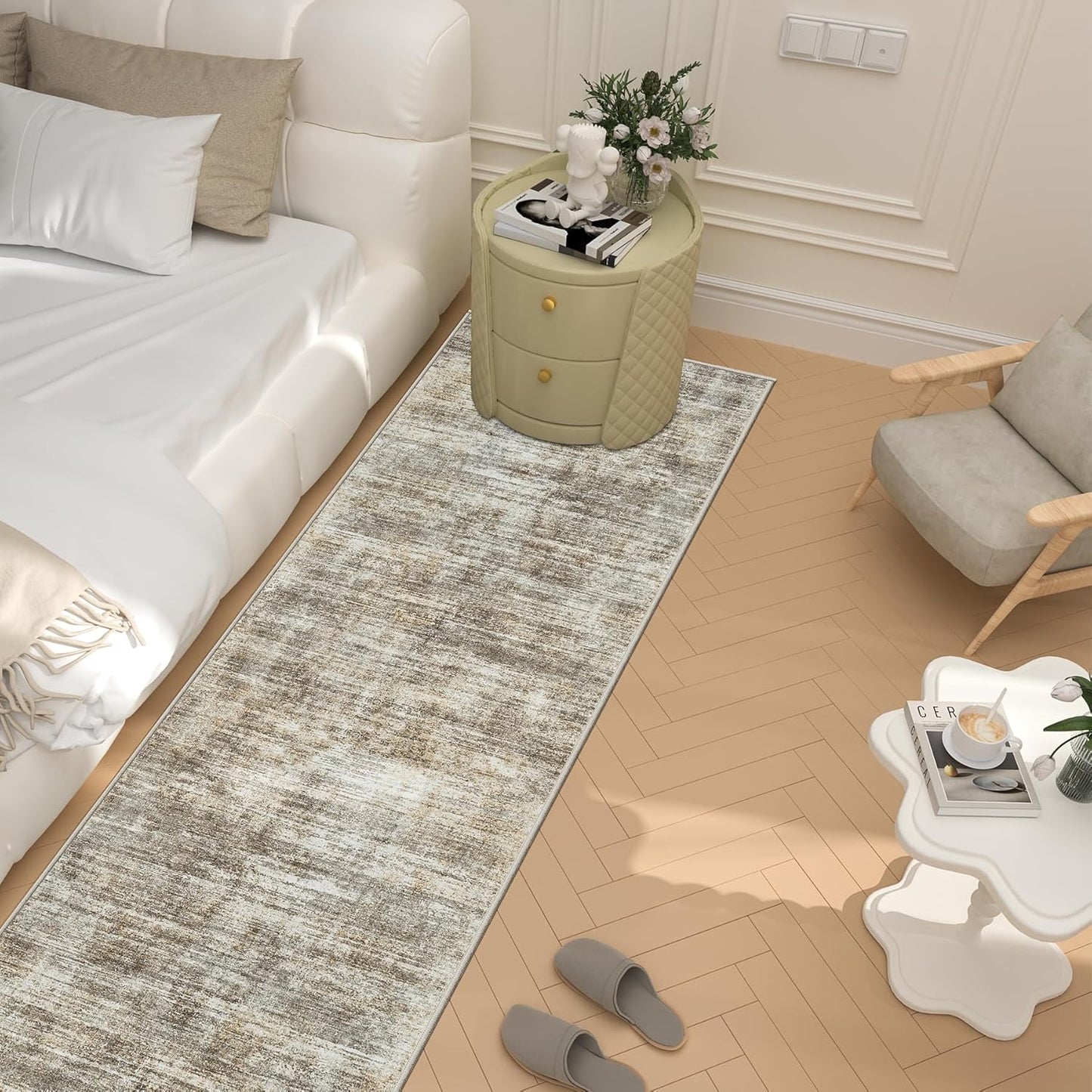 Runner Rug 2'6''x8' Kitchen Runner Rug: Modern Abstract Washable Area Rug with Non-Slip Backing, Thin Long Carpet Runner for Hallway, Bedroom, Laundry Room-Brown