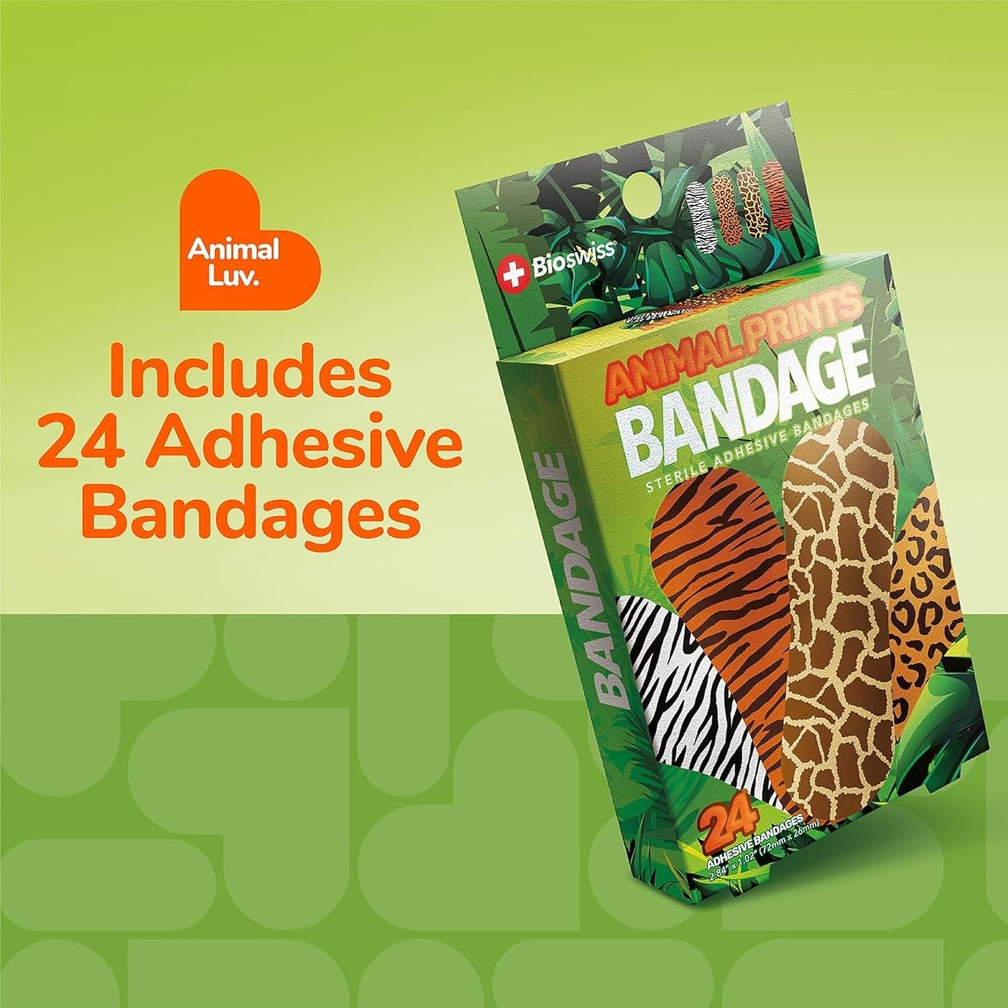 BioSwiss Bandages, Animal Prints Self Adhesive Bandage, Leopard, Zebra, Giraffe, and Tiger Print Designs, Latex Free Sterile Wound Care, Standard Shape for Kids and Adults, 24 Count