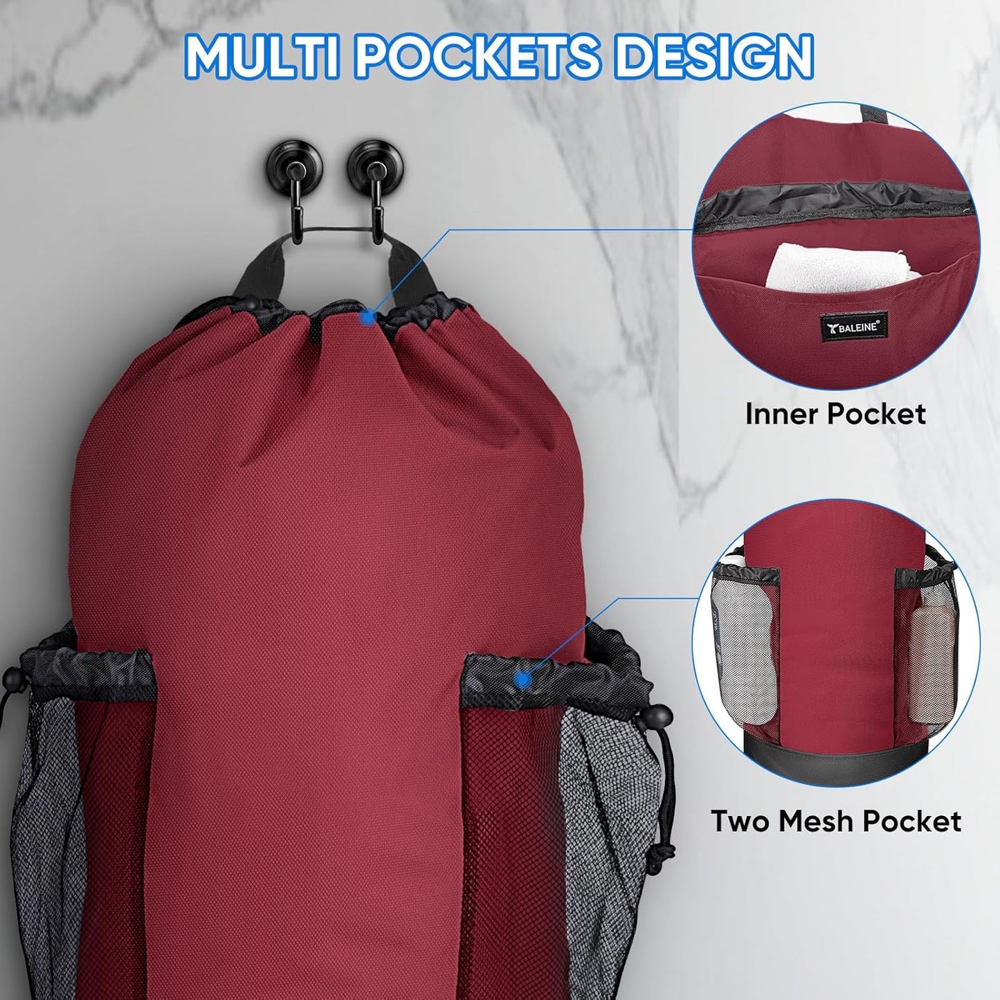 BALEINE 120L Laundry Bag Backpack, 900D Oxford Fabric Large Travel Laundry Bags with Shoulder Straps and 2 Mesh Pockets for College Dorm, Apartment, Laundromat (Red, 120L)