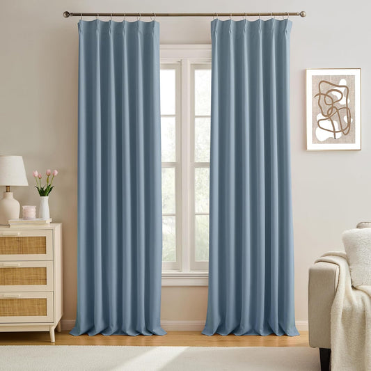 KEQIAOSUOCAI Dusty Stone Blue Pinch Pleated Curtains 108 Inches Long 9 FT Length Room Darkening Curtains/Draperies Luxury Decor for Living Room Nursery 40x108 Inch (2 Panels)