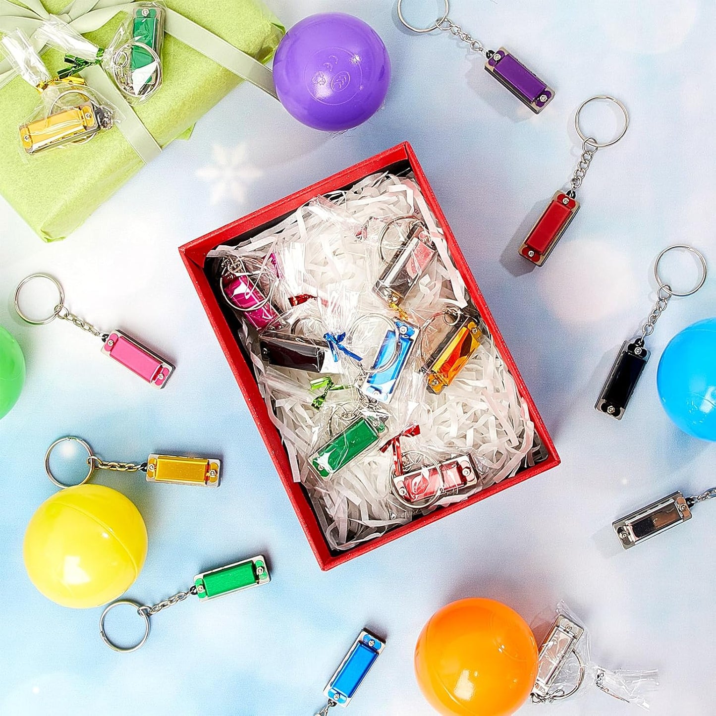 Ecally 64 Pcs Mini Harmonica Keychain for Kids Operation Christmas Favors Portable Wind Instruments 4 Holes 8 Tunes Harmonica Music Party Favors Cute Music Keychain Accessory (Multicolor)