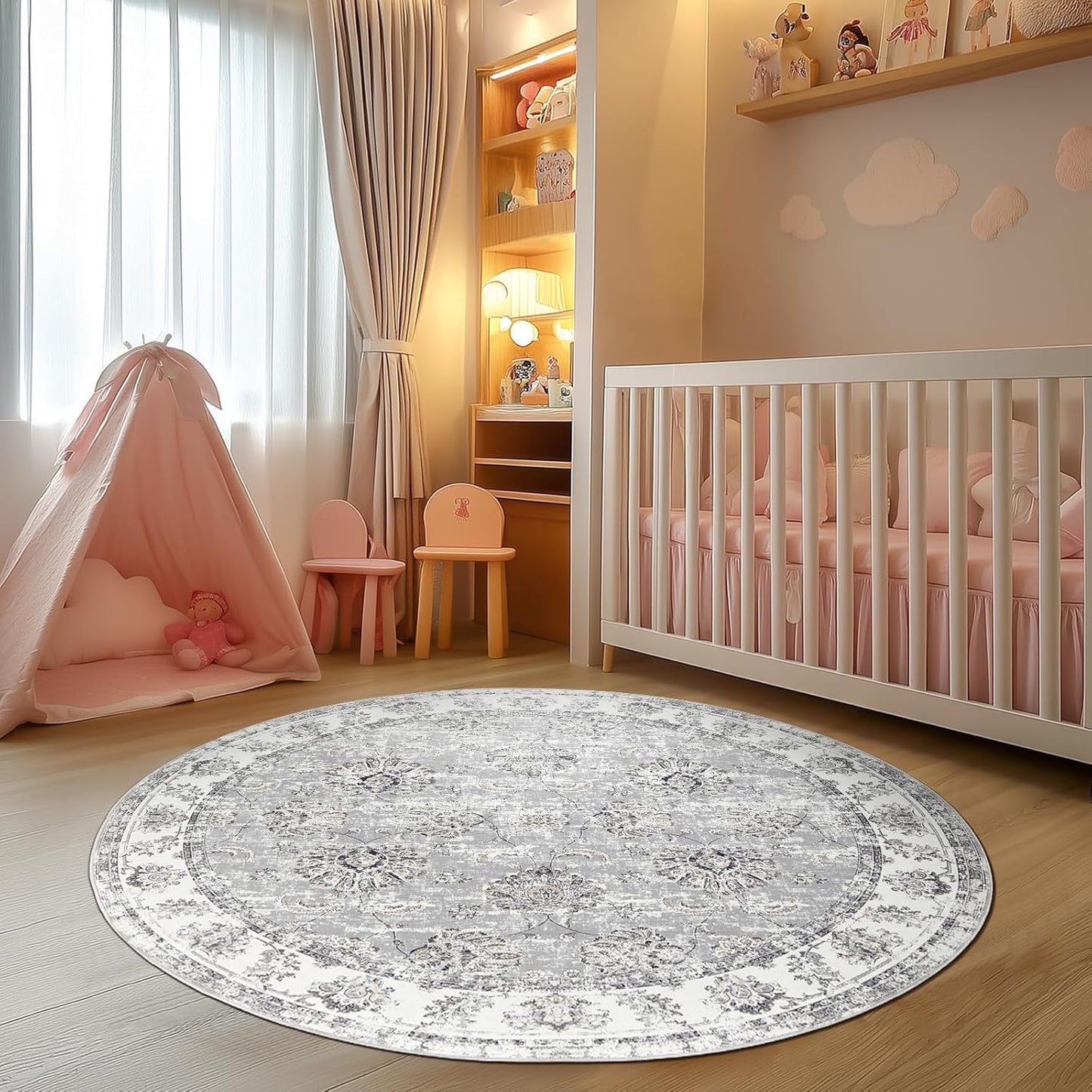 jinchan Round Rug 5ft Area Rugs Vintage Floral Distressed Design - Machine Washable Non-Slip Low-Pile Ultra-Thin Circle Rug for Entryway Bedside Living Room Dining Room Bedroom (5' Round,Grey)