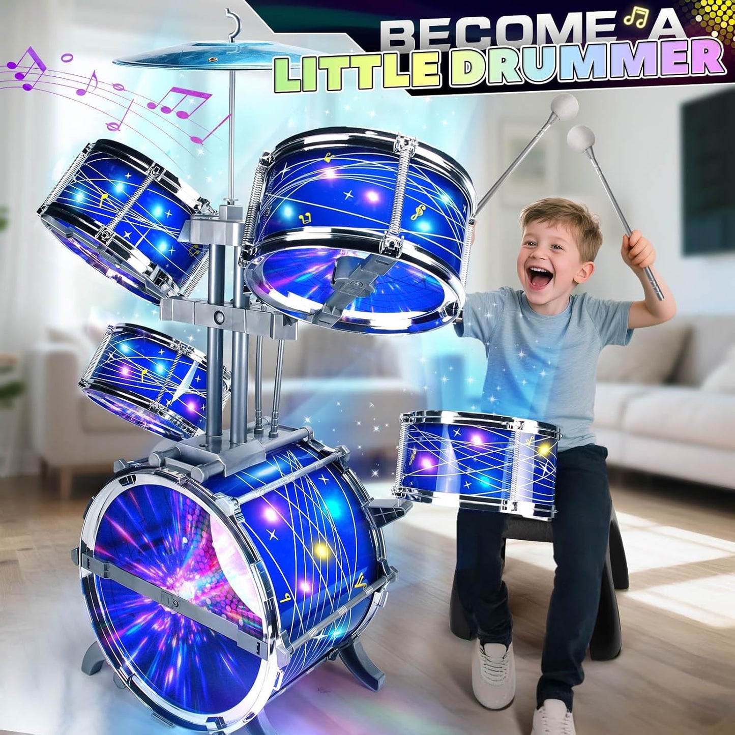 Kids Drum Sets for 2-5, Toddler Drum Set Ages 1-3, Junior Mini Jazz Full Size Small Band Rock Drums Making Kit Toys Percussion Musical Instrument Rhythm Beat Play Sets for Toddlers Boys Girls