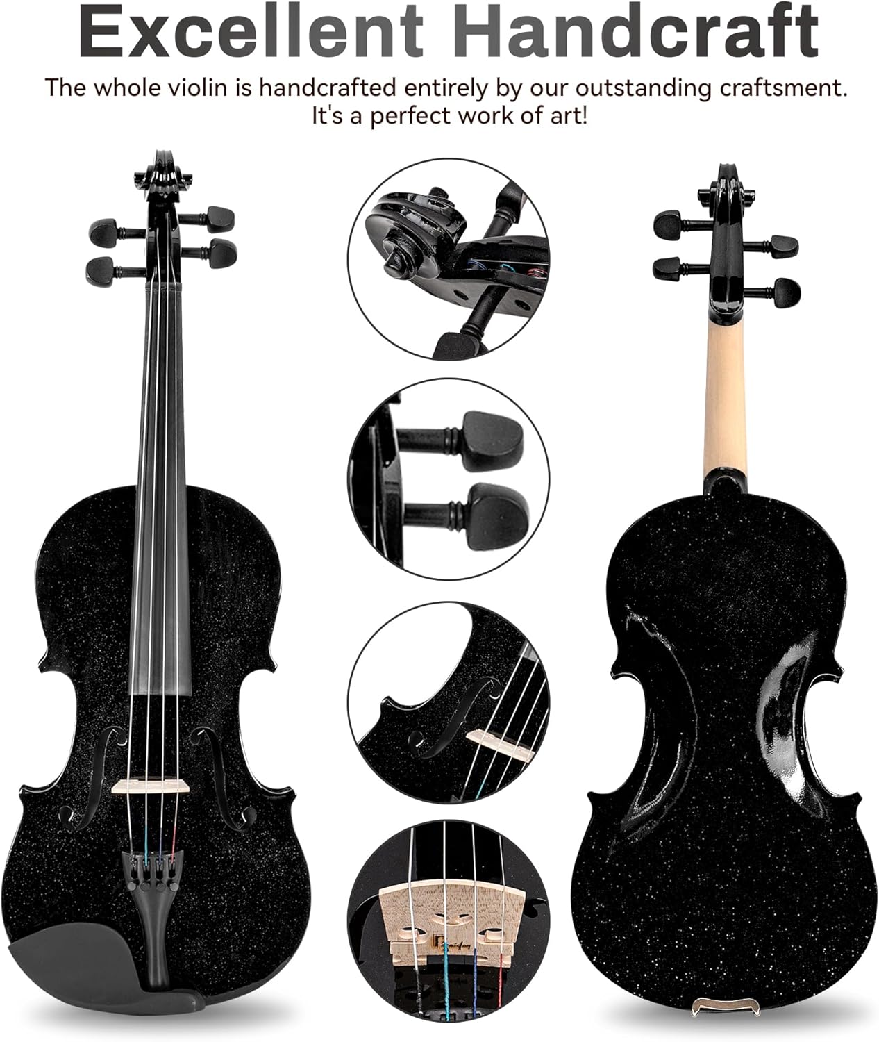 Poseidon 1/4 Violin for Beginner Fiddle Kit, Violin 1/4 Size for Student Stringed Musical Instrument w/Case, Two Strings Set, Two Bows, Two Bridges, Two Rosins, Clip-on Tuner, Manual - Glossy Black