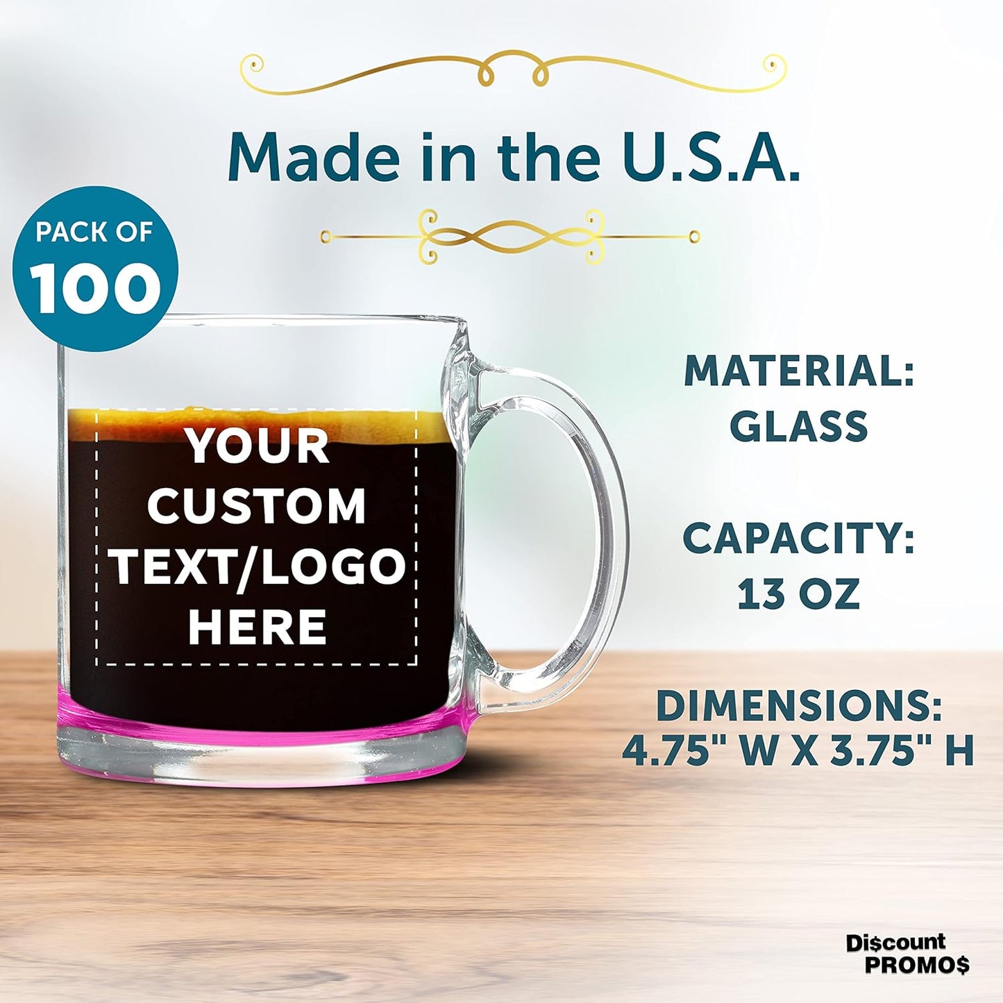 Custom Libbey Clear Glass Coffee Mugs 13 oz. Set of 100, Personalized Bulk Pack - Perfect for Coffee, Tea, Espresso, Hot Cocoa, Other Beverages - Pink Bottom