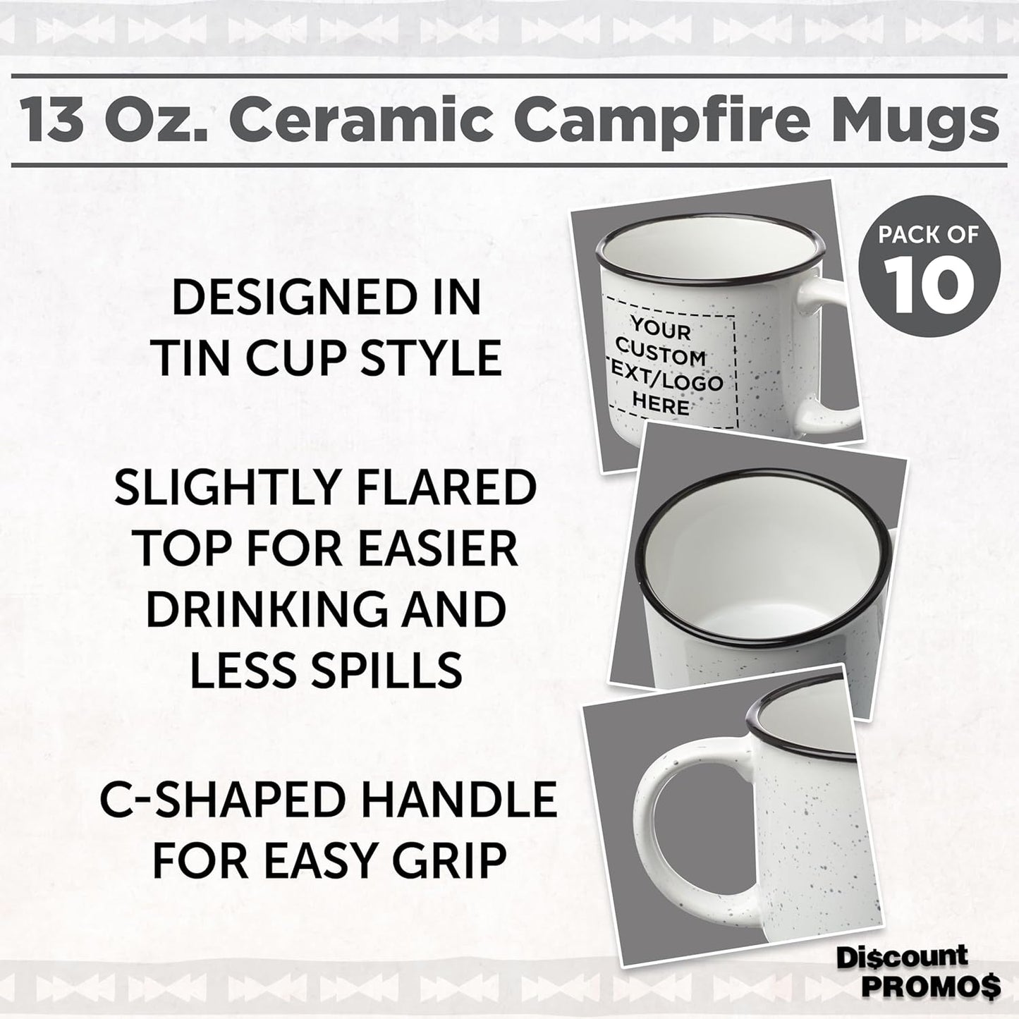 DISCOUNT PROMOS Custom Ceramic Campfire Coffee Mugs 13 oz. Set of 10, Personalized Bulk Pack - Perfect for Tea, Espresso, Cappuccino, Hot Cocoa - White