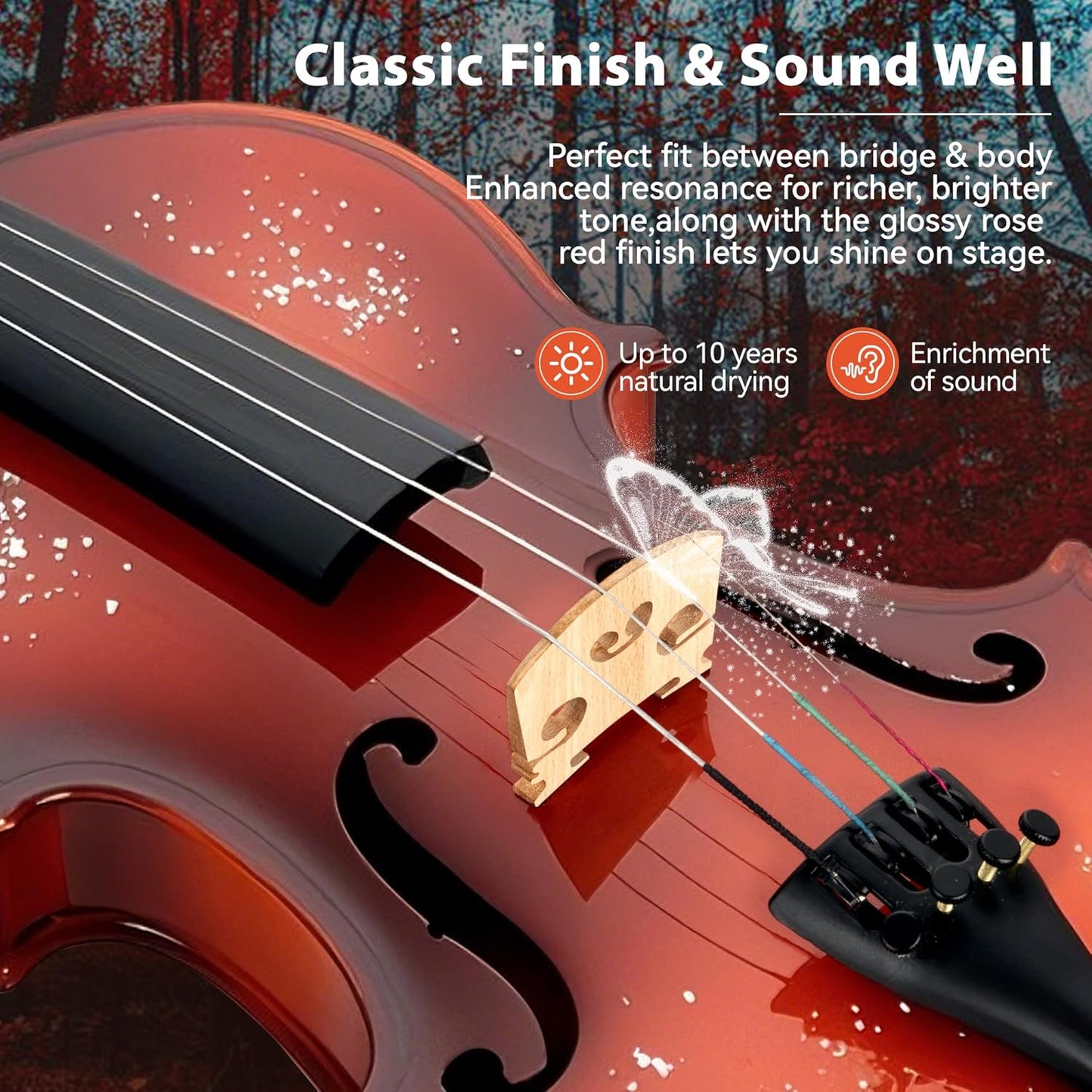 Poseidon Violin for Beginner, Full Size Violin Set for Student Spruce Acoustic Violin Fiddle with Case, Bow, Rosin, Horse Bridge, Extra 4/4 Strings Full Set, Shoulder Rest, Tuner - Christmas Red