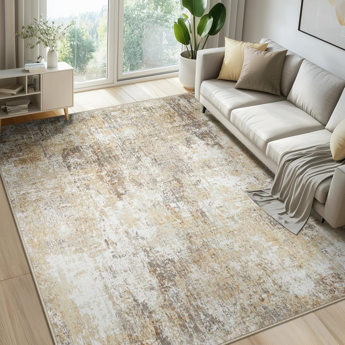 Washable Area Rugs 9'x12' Non-Slip Modern Abstract Soft for Living Room Entryway Bedroom Nursery, Print Pattern, Neutral Brown Gray