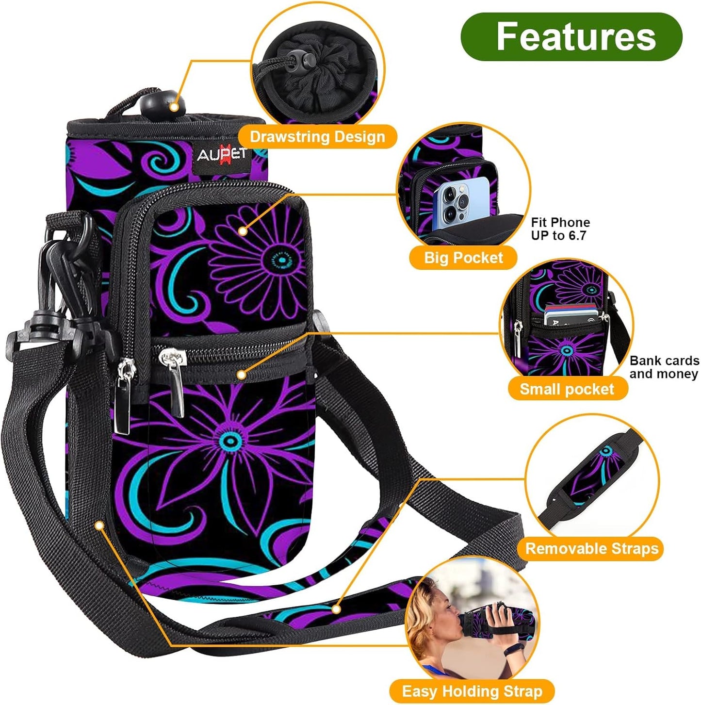 AUPET Water Bottle Sling Bag Sleeve Holder Carrier 25/32/40/64 oz,Insulated Crossbody Water Bottle Case Cover with Strap and Pockets for Men/Women Walking Hiking