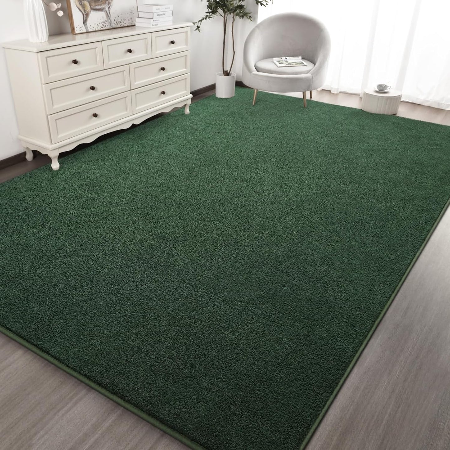 Kimicole 4x6 Washable Area Rugs for Bedroom Living Room, Low Pile Ulta-Thin Solid Color Rug, Non-Slip Soft Fluffy Carpet for Nursery Kids Room Dorm Room Home Decor (Dark Green)