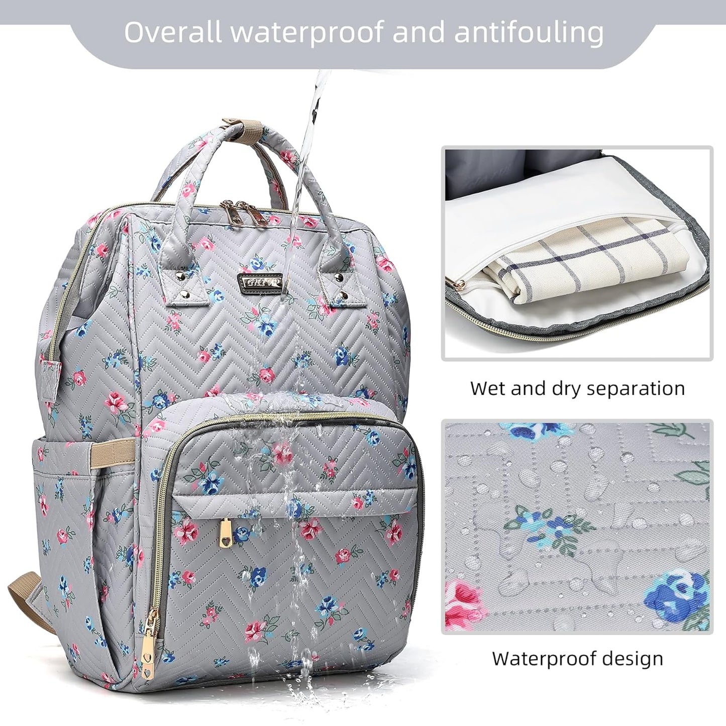 Diaper Bag Backpack for Women, Baby Bags for Girls,Diaper Bag with Changing Pad, and Insulated Pockets-Grey Flowers